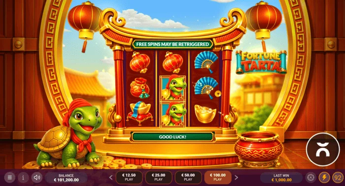 Fortune Tarta - spelscherm met rollen en een schildpad